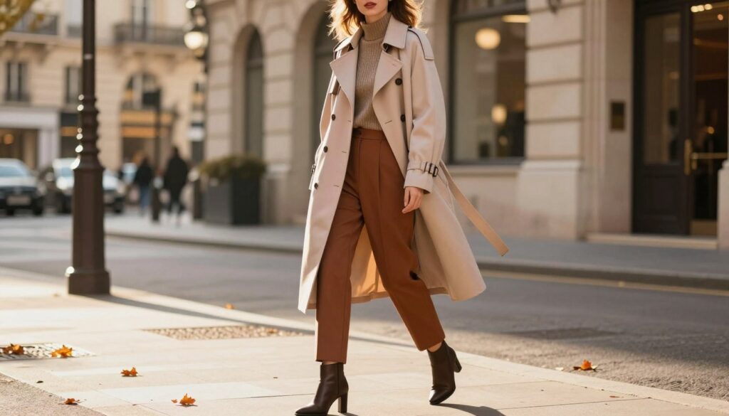 A stylish female model showcases a chic trench coat in the foreground, emphasizing modern variations and trendy colors of the season such as soft pastels, earthy tones, and bold statements. She wears tailored trousers and elegant ankle boots, creating a contemporary look. The middle ground includes a beautifully designed city street with autumn leaves on the ground, highlighting a sophisticated urban atmosphere. The background features softly blurred architectural elements, suggesting a fashionable cityscape. Warm, golden hour lighting illuminates the scene, casting gentle shadows, while a slight breeze subtly lifts the trench coat, adding movement. The overall mood is confident, stylish, and inviting, perfect for illustrating modern trench coat styles. A stylish female model showcases a chic trench coat in the foreground, emphasizing modern variations and trendy colors of the season such as soft pastels, earthy tones, and bold statements. She wears tailored trousers and elegant ankle boots, creating a contemporary look. The middle ground includes a beautifully designed city street with autumn leaves on the ground, highlighting a sophisticated urban atmosphere. The background features softly blurred architectural elements, suggesting a fashionable cityscape. Warm, golden hour lighting illuminates the scene, casting gentle shadows, while a slight breeze subtly lifts the trench coat, adding movement. The overall mood is confident, stylish, and inviting, perfect for illustrating modern trench coat styles.