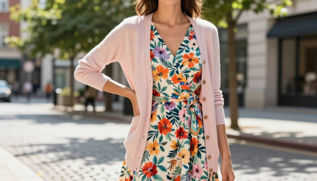 A stylish female model stands confidently in an urban setting, showcasing a fashionable cardigan draped over a chic floral dress. The cardigan, in a soft pastel color, contrasts beautifully with the vibrant patterns of the dress, while the model's modest posture conveys elegance. Surrounding her, soft-focus city elements like cobblestone streets and greenery create a modern and light atmosphere. Bright, natural sunlight filters through the leaves, casting gentle shadows that enhance the textures of the cardigan and dress. Capture the scene from a slightly low angle to emphasize the model's confident stance, with a bokeh effect in the background to draw attention to the stylish outfit. The overall composition evokes a sense of modern fashion vitality and sophistication. A stylish female model stands confidently in an urban setting, showcasing a fashionable cardigan draped over a chic floral dress. The cardigan, in a soft pastel color, contrasts beautifully with the vibrant patterns of the dress, while the model's modest posture conveys elegance. Surrounding her, soft-focus city elements like cobblestone streets and greenery create a modern and light atmosphere. Bright, natural sunlight filters through the leaves, casting gentle shadows that enhance the textures of the cardigan and dress. Capture the scene from a slightly low angle to emphasize the model's confident stance, with a bokeh effect in the background to draw attention to the stylish outfit. The overall composition evokes a sense of modern fashion vitality and sophistication.