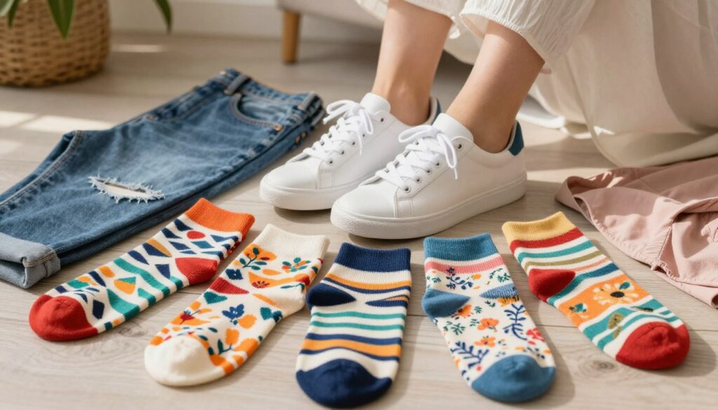 A stylish flat lay showcasing trendy sock models designed for pairing with sneakers. In the foreground, display an array of vibrant, patterned socks—some with geometric designs, floral prints, and bold stripes—arranged carefully. In the middle, position a pair of classic, white sneakers partially laced, creating an inviting look. Surround them with casual outfits like denim jeans and a summer dress, giving context to the sock choices. The background should be softly blurred to allow the focus to remain on the socks and footwear, with natural light illuminating the scene from one side, creating a warm and fashionable atmosphere. The composition should evoke a sense of fun, creativity, and summer style.