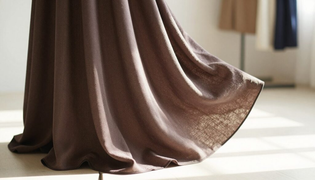 A stylish, flowing dress made of rich, textured fabric is gracefully displayed on a mannequin in a well-lit studio setting. The foreground features a close-up of the dress’s hem, showcasing how the material maintains its shape and stability, preventing any potential rolling. In the middle ground, the background is softly blurred, where gentle sunlight filters in, illuminating the draping of the fabric and its intricate patterns. The atmosphere is serene and elegant, evoking a sense of sophistication. The lens captures the scene from a slightly elevated angle, enhancing the details of the material without distraction. The focus is solely on the beauty and functionality of the dress, making it an ideal visual representation of the stability of fabric in clothing design. A stylish, flowing dress made of rich, textured fabric is gracefully displayed on a mannequin in a well-lit studio setting. The foreground features a close-up of the dress’s hem, showcasing how the material maintains its shape and stability, preventing any potential rolling. In the middle ground, the background is softly blurred, where gentle sunlight filters in, illuminating the draping of the fabric and its intricate patterns. The atmosphere is serene and elegant, evoking a sense of sophistication. The lens captures the scene from a slightly elevated angle, enhancing the details of the material without distraction. The focus is solely on the beauty and functionality of the dress, making it an ideal visual representation of the stability of fabric in clothing design.