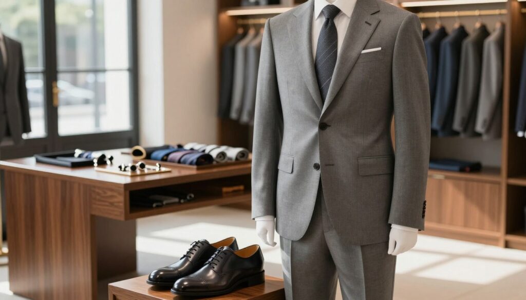 A stylish gray suit displayed prominently in a well-lit, elegant boutique setting, showcasing various shades of gray, from light dove gray to deep charcoal. In the foreground, sleek leather dress shoes in complementary colors rest next to the suit, emphasizing the critical relationship between suit shades and shoe choices. The middle ground features a polished wooden display table adorned with accessories like ties and cufflinks, reflecting sophistication. Soft, natural light streams through large windows, casting gentle shadows and highlighting the texture of the fabric. The atmosphere conveys a sense of refinement and professionalism, inviting viewers to appreciate the subtle nuances of selecting the perfect footwear for different occasions.