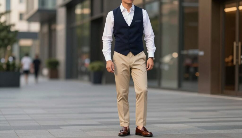 A stylish male model standing confidently in a modern urban setting, showcasing a smart casual outfit centered around a tailored kamizelka (vest). The model is wearing a crisp white shirt beneath a well-fitted navy kamizelka, paired with tailored beige chinos and polished brown loafers. The background features a blurred cityscape with soft bokeh effects, suggesting a vibrant yet relaxed atmosphere. The lighting is warm and inviting, highlighting the textures of the fabric and the model's confident posture. Captured from a slightly elevated angle, the composition emphasizes the elegance of the smart casual style while maintaining a laid-back charm. The image should evoke a sense of sophisticated casualness perfect for contemporary fashion. A stylish male model standing confidently in a modern urban setting, showcasing a smart casual outfit centered around a tailored kamizelka (vest). The model is wearing a crisp white shirt beneath a well-fitted navy kamizelka, paired with tailored beige chinos and polished brown loafers. The background features a blurred cityscape with soft bokeh effects, suggesting a vibrant yet relaxed atmosphere. The lighting is warm and inviting, highlighting the textures of the fabric and the model's confident posture. Captured from a slightly elevated angle, the composition emphasizes the elegance of the smart casual style while maintaining a laid-back charm. The image should evoke a sense of sophisticated casualness perfect for contemporary fashion.