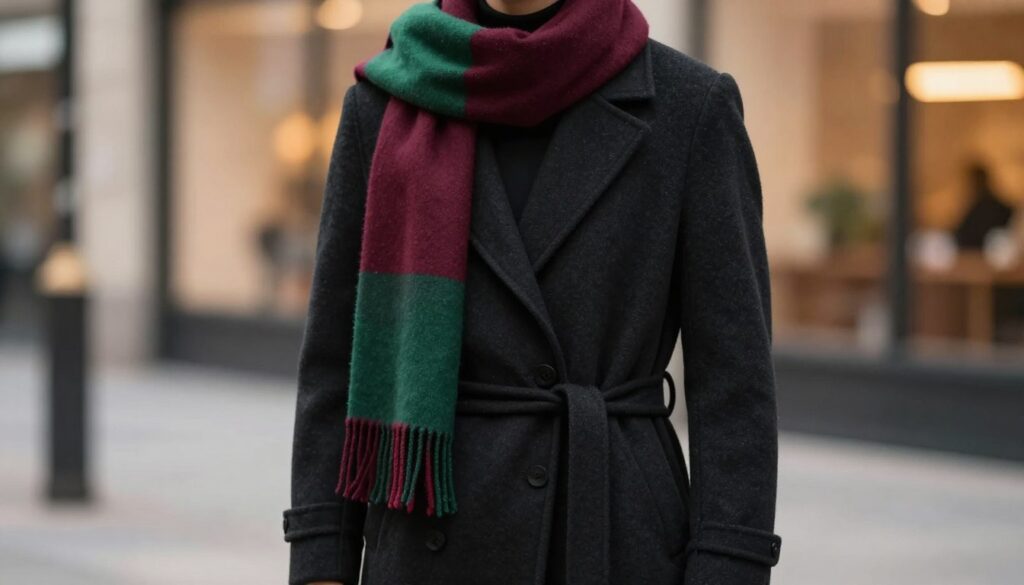 A stylish merino wool coat displayed prominently in the foreground, showcasing its soft, rich texture and elegant draping. The coat is a deep charcoal black, crafted with a tailored silhouette, featuring sophisticated lapels and a cinched waist. In the middle ground, a fashionable scarf in a contrasting vibrant color (like burgundy or emerald green) is elegantly wrapped around the coat, adding a pop of color to enhance its elegance. The background features a softly blurred cityscape with warm, ambient lighting that suggests a cozy autumn day, enhancing the sophisticated atmosphere. The scene is shot from a slightly elevated angle, capturing the details of both the coat and scarf while maintaining a clean and polished aesthetic. This image evokes a sense of warmth, elegance, and modern style, suitable for everyday settings. A stylish merino wool coat displayed prominently in the foreground, showcasing its soft, rich texture and elegant draping. The coat is a deep charcoal black, crafted with a tailored silhouette, featuring sophisticated lapels and a cinched waist. In the middle ground, a fashionable scarf in a contrasting vibrant color (like burgundy or emerald green) is elegantly wrapped around the coat, adding a pop of color to enhance its elegance. The background features a softly blurred cityscape with warm, ambient lighting that suggests a cozy autumn day, enhancing the sophisticated atmosphere. The scene is shot from a slightly elevated angle, capturing the details of both the coat and scarf while maintaining a clean and polished aesthetic. This image evokes a sense of warmth, elegance, and modern style, suitable for everyday settings.