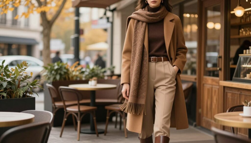 A stylish model stands confidently in a chic, monochromatic ensemble featuring various shades of brown. She wears a tailored caramel coat over a rich chocolate turtleneck and tailored beige trousers, complemented by a matching brown belt and stylish ankle boots. In the foreground, a cozy, inviting scarf drapes elegantly around her neck, featuring subtle patterns in earthy tones. The middle ground captures a warm, softly lit urban café setting, with wooden accents and potted plants adding a touch of nature. The background reveals a blurred cityscape with autumn leaves, enhancing the seasonal vibe. The atmosphere is sophisticated and warm, illuminated by soft, golden hour lighting, evoking a sense of comfort and elegance in a stylish urban environment. A stylish model stands confidently in a chic, monochromatic ensemble featuring various shades of brown. She wears a tailored caramel coat over a rich chocolate turtleneck and tailored beige trousers, complemented by a matching brown belt and stylish ankle boots. In the foreground, a cozy, inviting scarf drapes elegantly around her neck, featuring subtle patterns in earthy tones. The middle ground captures a warm, softly lit urban café setting, with wooden accents and potted plants adding a touch of nature. The background reveals a blurred cityscape with autumn leaves, enhancing the seasonal vibe. The atmosphere is sophisticated and warm, illuminated by soft, golden hour lighting, evoking a sense of comfort and elegance in a stylish urban environment.