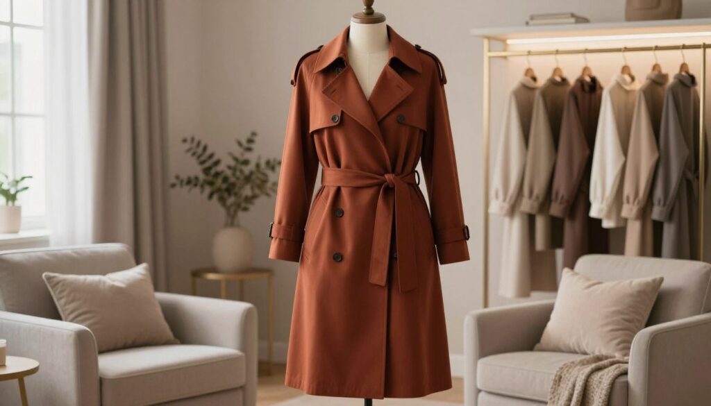 A stylish, neutral-toned outfit showcasing a rust-colored trench coat as the focal point, elegantly draped on a chic mannequin in an inviting dressing room. The coat features tailored lines and a soft, flowing fabric, catching gentle light from a nearby window. Surround the mannequin with a muted color palette, incorporating beige, taupe, and soft gray accents in the furnishings, such as a plush armchair and decorative pillows. In the background, a softly lit, elegantly arranged clothing rack displays other neutral pieces that complement the trench, enhancing the sense of a cohesive wardrobe. The atmosphere is warm and inviting, with a focus on the harmonious blend of colors, creating a stylish sanctuary that embodies sophistication and comfort. The composition should evoke a sense of calm and timeless elegance. A stylish, neutral-toned outfit showcasing a rust-colored trench coat as the focal point, elegantly draped on a chic mannequin in an inviting dressing room. The coat features tailored lines and a soft, flowing fabric, catching gentle light from a nearby window. Surround the mannequin with a muted color palette, incorporating beige, taupe, and soft gray accents in the furnishings, such as a plush armchair and decorative pillows. In the background, a softly lit, elegantly arranged clothing rack displays other neutral pieces that complement the trench, enhancing the sense of a cohesive wardrobe. The atmosphere is warm and inviting, with a focus on the harmonious blend of colors, creating a stylish sanctuary that embodies sophistication and comfort. The composition should evoke a sense of calm and timeless elegance.
