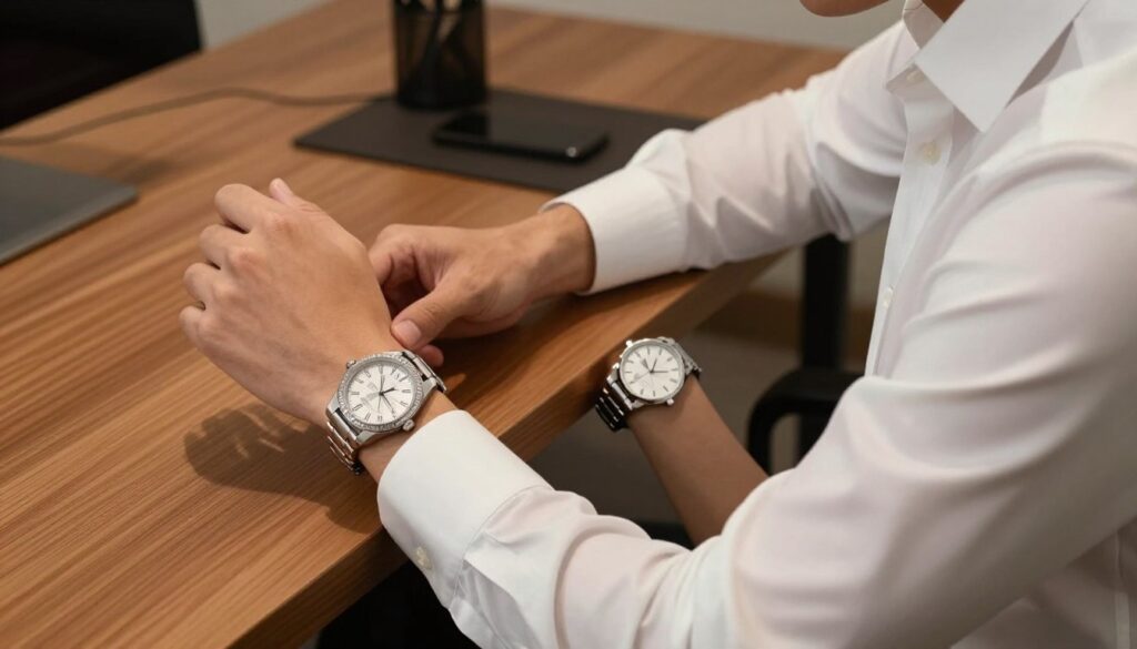 A stylish office setting showcasing the common mistakes of wearing a watch with a dress shirt. In the foreground, a well-dressed individual wearing a crisp white dress shirt with the sleeves rolled up, revealing an oversized, flashy watch on one wrist and a slim, elegant watch on the other. In the middle, a close-up of the two watches contrasts with each other, emphasizing poor and good watch choices. The background features a sleek wood desk with minimalistic accessories, contributing to a sophisticated ambiance. Soft, warm lighting enhances the scene, casting subtle shadows that highlight the attire and watches. The mood is professional yet approachable, aiming to educate viewers on watch choices while looking refined and proportional.