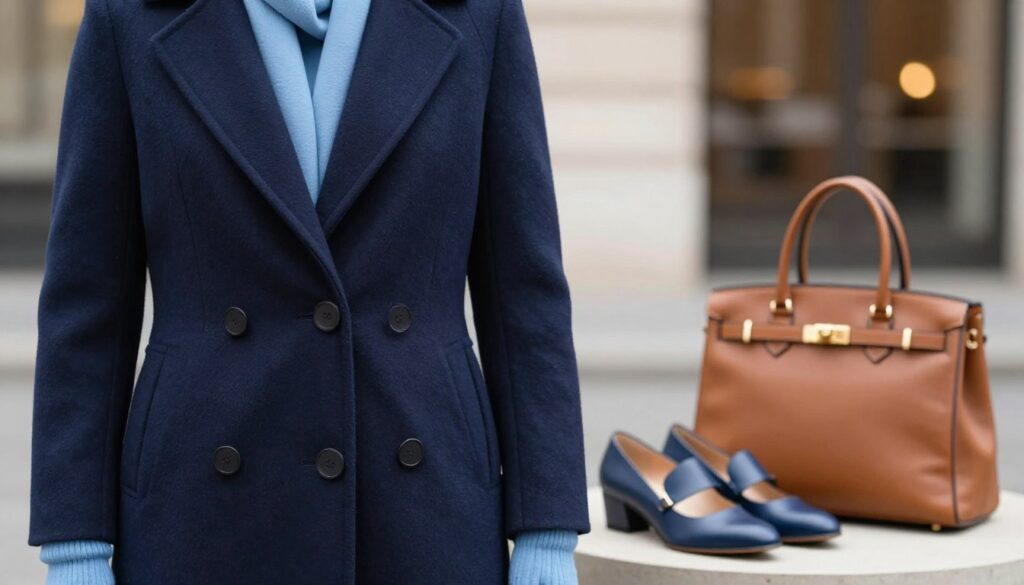 A stylish outfit featuring a deep navy blue coat made of luxurious fabric, paired with elegant light blue accents in the form of a scarf and gloves. The coat is prominently displayed in the foreground, showcasing its texture and sophisticated fit. In the middle ground, a pair of chic shoes and a designer handbag complement the outfit, accented with rich caramel and blue tones. In the background, a soft-focus urban setting provides a subtle and elegant city atmosphere, with warm lighting that enhances the sophistication of the ensemble. The overall mood is chic, refined, and impactful, evoking a sense of modern elegance. A stylish outfit featuring a deep navy blue coat made of luxurious fabric, paired with elegant light blue accents in the form of a scarf and gloves. The coat is prominently displayed in the foreground, showcasing its texture and sophisticated fit. In the middle ground, a pair of chic shoes and a designer handbag complement the outfit, accented with rich caramel and blue tones. In the background, a soft-focus urban setting provides a subtle and elegant city atmosphere, with warm lighting that enhances the sophistication of the ensemble. The overall mood is chic, refined, and impactful, evoking a sense of modern elegance.