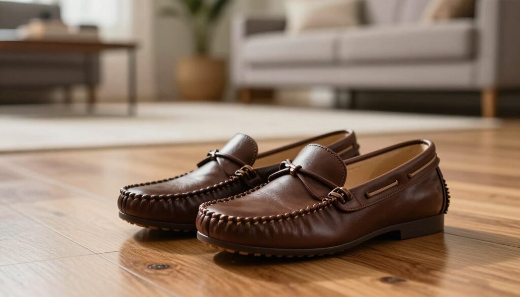 A stylish pair of elegant moccasins in a rich, deep brown leather, set prominently in the foreground on a polished wooden floor. The moccasins feature intricate stitching and a classic, timeless design, conveying luxury and sophistication. In the middle, arrange a blurred background that hints at a modern, chic living space with soft-focus furniture and decor that complements the elegance of the shoes. Use warm, natural lighting that casts gentle shadows, enhancing the textures of the leather. The angle should be slightly from above, providing a top-down perspective that invites the viewer to admire the craftsmanship of the moccasins. The mood is sophisticated and inviting, perfect for showcasing current fashion trends in footwear. A stylish pair of elegant moccasins in a rich, deep brown leather, set prominently in the foreground on a polished wooden floor. The moccasins feature intricate stitching and a classic, timeless design, conveying luxury and sophistication. In the middle, arrange a blurred background that hints at a modern, chic living space with soft-focus furniture and decor that complements the elegance of the shoes. Use warm, natural lighting that casts gentle shadows, enhancing the textures of the leather. The angle should be slightly from above, providing a top-down perspective that invites the viewer to admire the craftsmanship of the moccasins. The mood is sophisticated and inviting, perfect for showcasing current fashion trends in footwear.