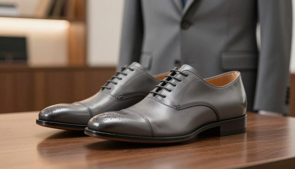 A stylish pair of gray dress shoes suitable for a gray suit, displayed prominently in the foreground. The shoes are polished, showcasing their fine leather texture and intricate details, reflecting elegance and professionalism. In the middle ground, a subtle hint of a gray suit jacket draped over a nearby chair to suggest the attire pairing. The background includes a softly blurred office environment with warm lighting, conveying a sophisticated atmosphere. The scene is captured from a low angle, emphasizing the shoes while maintaining a clean and organized look. The overall mood is classy and contemporary, perfect for making a thoughtful choice.