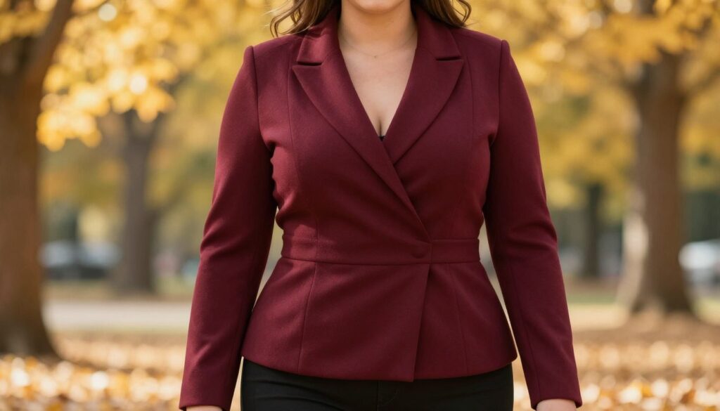 A stylish plus-size woman models a flattering, tailored jacket designed for fuller figures, in a vibrant autumn setting. She stands confidently in the foreground, showcasing the jacket’s elegant silhouette, emphasizing a smooth waistline. The jacket is a rich burgundy color, made from a soft, textured fabric that drapes beautifully. In the middle background, blurred golden leaves hint at a park atmosphere, with soft sunlight filtering through trees, creating a warm glow. The composition captures a relaxed yet sophisticated vibe, highlighting the jacket's design that provides both comfort and elegance. The image is taken from a slightly elevated angle, enhancing the figure's appearance while maintaining an inviting and approachable mood. A stylish plus-size woman models a flattering, tailored jacket designed for fuller figures, in a vibrant autumn setting. She stands confidently in the foreground, showcasing the jacket’s elegant silhouette, emphasizing a smooth waistline. The jacket is a rich burgundy color, made from a soft, textured fabric that drapes beautifully. In the middle background, blurred golden leaves hint at a park atmosphere, with soft sunlight filtering through trees, creating a warm glow. The composition captures a relaxed yet sophisticated vibe, highlighting the jacket's design that provides both comfort and elegance. The image is taken from a slightly elevated angle, enhancing the figure's appearance while maintaining an inviting and approachable mood.