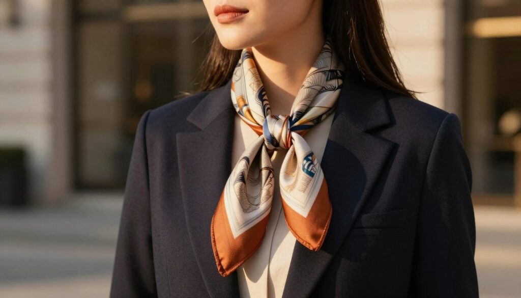 A stylish scene featuring a classic scarf tied elegantly around the neck of a woman dressed in professional business attire. The foreground showcases the intricate knot of the scarf, emphasizing the textures and fabric patterns. In the middle ground, the woman stands confidently against a softly blurred background of a chic urban environment, hinting at a sophisticated outing. The lighting is warm and inviting, with golden hour sunlight casting gentle shadows and highlighting the scarf's vibrancy. The angle captures her from a slightly low perspective, adding a sense of grace and poise to the composition. The mood is elegant and refined, ideal for showcasing classic scarf-tying techniques in fashion.