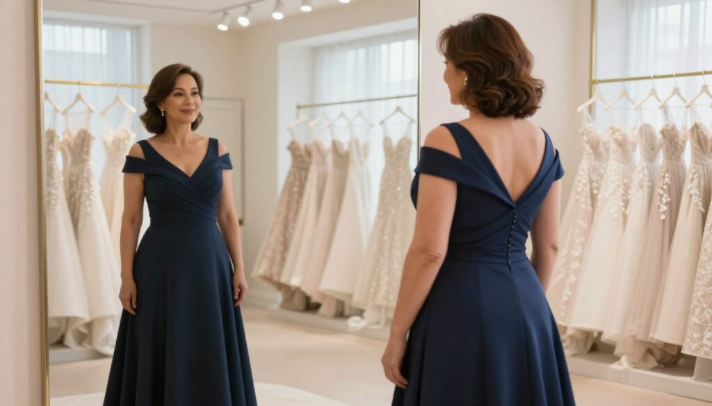 A stylish, sophisticated woman in her 40s tries on elegant wedding dresses that flatter her body type. In the foreground, she stands in front of a large mirror, examining herself with a look of satisfaction. The dress is a rich navy blue with a fitted bodice and an A-line silhouette, highlighting her curves beautifully. In the middle ground, a well-lit boutique with a soft, neutral color palette surrounds her, showcasing various other dresses on racks. The background features ethereal lighting from large windows, casting a warm, inviting glow. The atmosphere is one of empowerment and confidence, with soft-focus elements creating a dreamy quality, emphasizing the theme of choosing the perfect outfit to enhance feminine style. A stylish, sophisticated woman in her 40s tries on elegant wedding dresses that flatter her body type. In the foreground, she stands in front of a large mirror, examining herself with a look of satisfaction. The dress is a rich navy blue with a fitted bodice and an A-line silhouette, highlighting her curves beautifully. In the middle ground, a well-lit boutique with a soft, neutral color palette surrounds her, showcasing various other dresses on racks. The background features ethereal lighting from large windows, casting a warm, inviting glow. The atmosphere is one of empowerment and confidence, with soft-focus elements creating a dreamy quality, emphasizing the theme of choosing the perfect outfit to enhance feminine style.