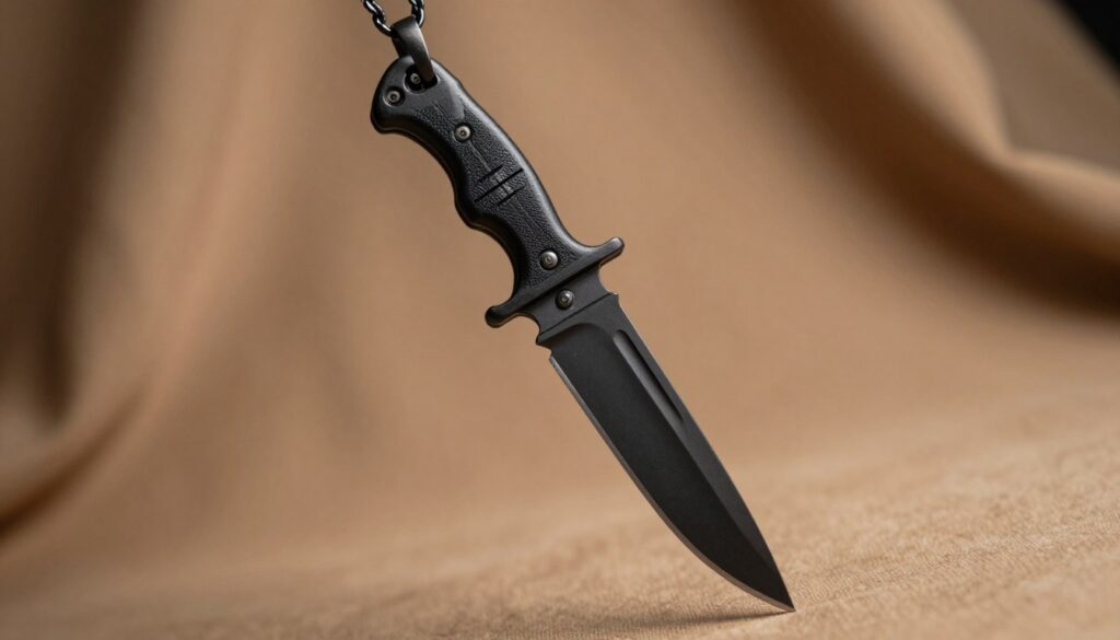 A stylish tactical knife pendant hanging from a chain necklace, prominently displayed in the foreground. The knife features a sleek, matte black blade with intricate detailing on the handle, showcasing its sturdy design and tactical features. In the middle ground, a soft, blurred, warm-toned fabric backdrop adds a touch of elegance to the image, enhancing the necklace's boldness. The lighting is soft yet focused, casting gentle highlights on the metallic surfaces, creating a sophisticated ambiance. The angle captures the pendant from a slightly elevated perspective, emphasizing its unique style. Overall, the mood is confident and modern, perfectly suited for fans of unconventional jewelry.