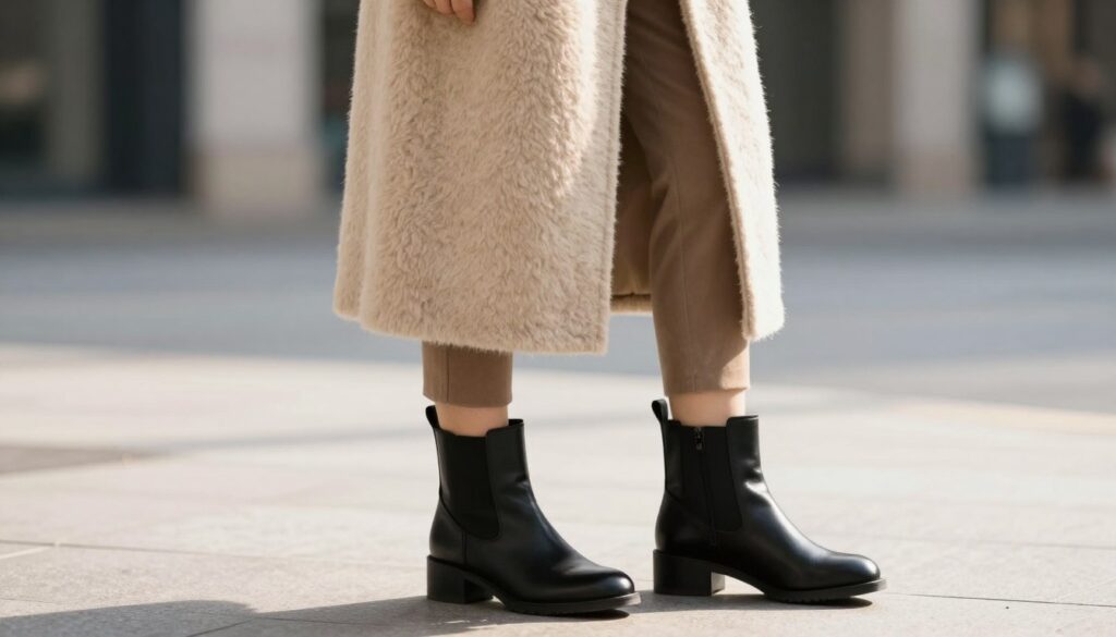 A stylish, tailored alpaca coat in soft beige elegantly drapes over a pair of classic black ankle boots, showcasing a harmonious blend of colors. The foreground features a close-up view of the boots and the coat, highlighting the textures of the fabric against the smooth leather. In the middle ground, a softly blurred urban setting reveals hints of a modern street, with muted tones to enhance the focus on the outfit. Natural daylight filters through, casting gentle shadows that accentuate the coat's silhouette. The mood is sophisticated yet approachable, perfect for a chic autumn day. The image captures the essence of color harmony in fashion, inviting viewers to consider the elegant pairing of footwear and outerwear. A stylish, tailored alpaca coat in soft beige elegantly drapes over a pair of classic black ankle boots, showcasing a harmonious blend of colors. The foreground features a close-up view of the boots and the coat, highlighting the textures of the fabric against the smooth leather. In the middle ground, a softly blurred urban setting reveals hints of a modern street, with muted tones to enhance the focus on the outfit. Natural daylight filters through, casting gentle shadows that accentuate the coat's silhouette. The mood is sophisticated yet approachable, perfect for a chic autumn day. The image captures the essence of color harmony in fashion, inviting viewers to consider the elegant pairing of footwear and outerwear.