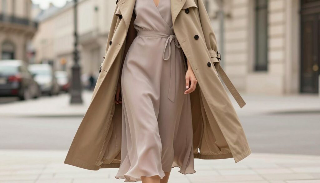 A stylish trench coat elegantly draped over a flowing, floor-length dress, creating a harmonious balance of proportions. The model stands confidently in a poised pose, showcasing the trench coat's tailored silhouette and the dress's exquisite fabric. The foreground features a well-lit scene capturing the intricate details of the clothing, with soft, natural lighting that highlights textures. In the middle ground, a muted urban landscape unfolds, hinting at a chic city environment. The background is softly blurred, ensuring the focus remains on the ensemble. The overall mood is sophisticated and fashionable, perfect for an autumn day, with an air of casual elegance. The angle captures the model from a slightly low perspective, emphasizing the length and flow of the dress and trench coat. A stylish trench coat elegantly draped over a flowing, floor-length dress, creating a harmonious balance of proportions. The model stands confidently in a poised pose, showcasing the trench coat's tailored silhouette and the dress's exquisite fabric. The foreground features a well-lit scene capturing the intricate details of the clothing, with soft, natural lighting that highlights textures. In the middle ground, a muted urban landscape unfolds, hinting at a chic city environment. The background is softly blurred, ensuring the focus remains on the ensemble. The overall mood is sophisticated and fashionable, perfect for an autumn day, with an air of casual elegance. The angle captures the model from a slightly low perspective, emphasizing the length and flow of the dress and trench coat.