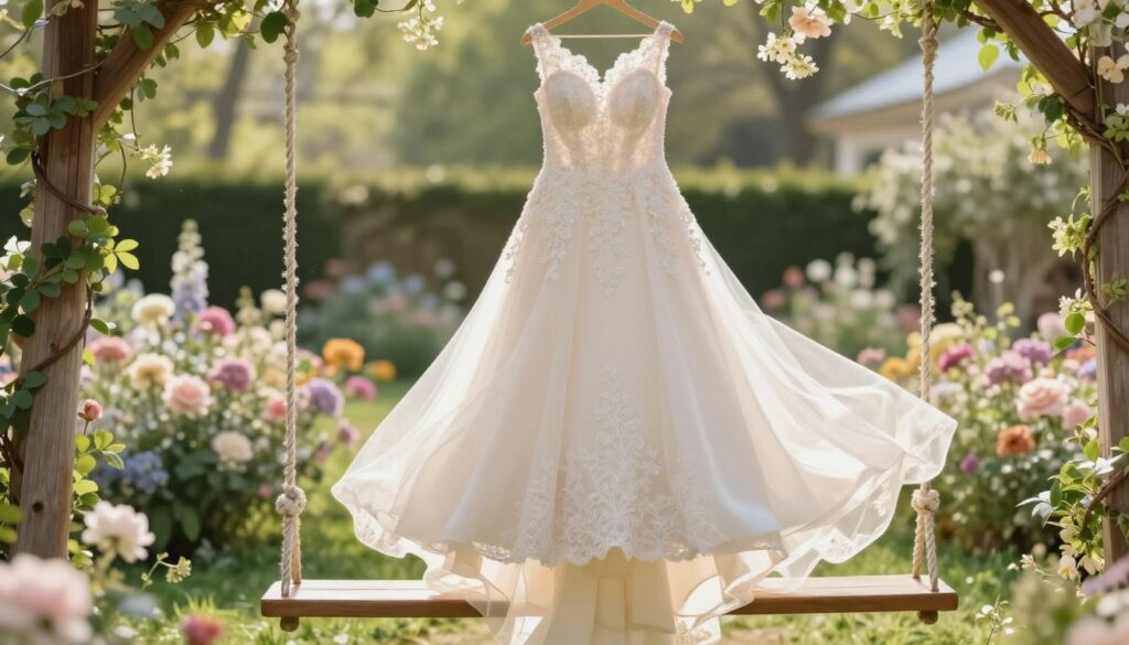 A stylish wedding dress displayed elegantly in a lush garden setting, perfect for a spring wedding. The dress features delicate lace details and flowing silk fabric that catches the soft, natural sunlight, creating a warm glow. The background includes blooming flowers in pastel shades, setting a romantic atmosphere. In the foreground, the dress is hung on a vintage wooden swing, surrounded by green foliage, enhancing the carefree and joyous mood. The image is captured with a soft-focus lens, showcasing the intricate patterns of the fabric and the movement of the dress gently swaying in the breeze. The overall ambiance is serene and inviting, evoking the essence of a delightful wedding celebration during the blooming season.