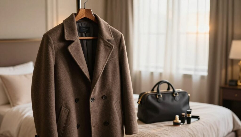 A stylish, well-maintained coat displayed gracefully on a wooden hanger in an elegant hotel room. The foreground features the coat, showcasing its rich fabric and intricate stitching, while a soft focus captures a travel bag and grooming tools nearby. In the middle ground, a luxurious bed with plush pillows adds a cozy ambiance. The background features a softly lit window with sheer curtains, allowing warm sunlight to filter through, creating a tranquil, inviting scene. The overall mood is one of sophistication and care, emphasizing the importance of daily upkeep while traveling. The lighting is warm and soft, enhancing the textures of the coat and the serene atmosphere, with a focus on elegance and professionalism. A stylish, well-maintained coat displayed gracefully on a wooden hanger in an elegant hotel room. The foreground features the coat, showcasing its rich fabric and intricate stitching, while a soft focus captures a travel bag and grooming tools nearby. In the middle ground, a luxurious bed with plush pillows adds a cozy ambiance. The background features a softly lit window with sheer curtains, allowing warm sunlight to filter through, creating a tranquil, inviting scene. The overall mood is one of sophistication and care, emphasizing the importance of daily upkeep while traveling. The lighting is warm and soft, enhancing the textures of the coat and the serene atmosphere, with a focus on elegance and professionalism.