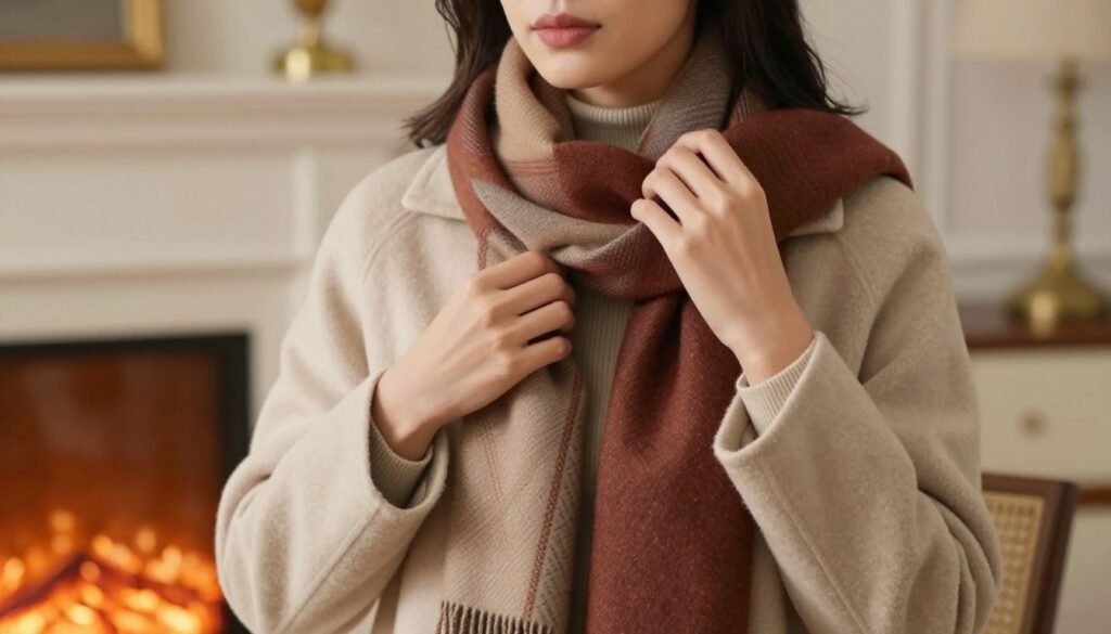 A stylish woman in a well-fitted, elegant winter coat is demonstrating how to tie a scarf, avoiding common mistakes. In the foreground, focus on her hands expertly adjusting the scarf around her neck, showing the correct technique. The middle ground features a soft, cashmere scarf in rich colors draped elegantly, accentuating the woman’s sophisticated look. The background includes a cozy indoor setting with warm lighting, perhaps a softly glowing fireplace and elegant decor that enhances the atmosphere of winter fashion. The overall mood is calm and educational, capturing the essence of polished style while providing guidance on scarf tying. The angle should be slightly above eye level, allowing viewers to see both the technique and the outfit comfortably. A stylish woman in a well-fitted, elegant winter coat is demonstrating how to tie a scarf, avoiding common mistakes. In the foreground, focus on her hands expertly adjusting the scarf around her neck, showing the correct technique. The middle ground features a soft, cashmere scarf in rich colors draped elegantly, accentuating the woman’s sophisticated look. The background includes a cozy indoor setting with warm lighting, perhaps a softly glowing fireplace and elegant decor that enhances the atmosphere of winter fashion. The overall mood is calm and educational, capturing the essence of polished style while providing guidance on scarf tying. The angle should be slightly above eye level, allowing viewers to see both the technique and the outfit comfortably.