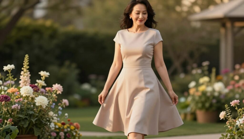 A stylish woman in her forties, exuding elegance and sophistication, wearing a flattering, knee-length dress that accentuates her feminine silhouette. The dress has a fitted bodice with an A-line skirt, emphasizing her waist while allowing freedom of movement. She is standing in a beautiful outdoor setting, surrounded by blooming flowers and soft greenery, illuminated by warm, golden-hour lighting that enhances her skin tone. The camera angle is slightly low, capturing her in a confident pose with a soft smile, showcasing her graceful presence. The background is softly blurred to keep the focus on her figure, creating a serene and classy atmosphere, perfect for illustrating fashion choices that highlight a woman's strengths and style. A stylish woman in her forties, exuding elegance and sophistication, wearing a flattering, knee-length dress that accentuates her feminine silhouette. The dress has a fitted bodice with an A-line skirt, emphasizing her waist while allowing freedom of movement. She is standing in a beautiful outdoor setting, surrounded by blooming flowers and soft greenery, illuminated by warm, golden-hour lighting that enhances her skin tone. The camera angle is slightly low, capturing her in a confident pose with a soft smile, showcasing her graceful presence. The background is softly blurred to keep the focus on her figure, creating a serene and classy atmosphere, perfect for illustrating fashion choices that highlight a woman's strengths and style.