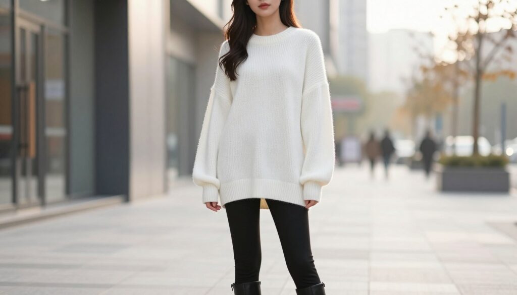 A stylish woman in her late 20s wearing black leggings, paired with a chic oversized white sweater and ankle boots, stands confidently in a modern urban environment. The scene captures her from the waist up, showcasing her outfit's elegance and casual appeal. The background features a softly blurred cityscape with warm afternoon sunlight filtering through, creating a cozy, inviting atmosphere. The image has a focus on her relaxed yet fashionable posture, which radiates confidence and style. The lighting adds a soft glow to her outfit, highlighting the textures of the sweater and leggings. Overall, the composition embodies a trendy and sophisticated look, perfect for everyday wear.