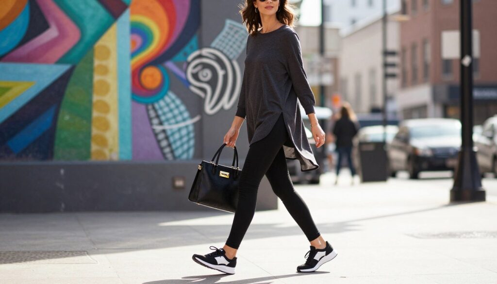 A stylish woman walking confidently in an urban setting, wearing chic black leggings paired with a long, flowing tunic top for a casual yet fashionable look. She accessorizes with a statement handbag and trendy sneakers, creating a balanced and modern outfit. The foreground captures her in a mid-day scene, with soft sunlight casting subtle shadows, enhancing the textures of the clothing. In the middle ground, vibrant street art decorates the wall behind her, adding an artistic flair to the atmosphere. The background features blurred city buildings, emphasizing an energetic, everyday environment. The mood is lively and inspiring, reflecting a blend of comfort and contemporary style perfect for daily wear, showcasing the versatility of black leggings in a fashionable context.