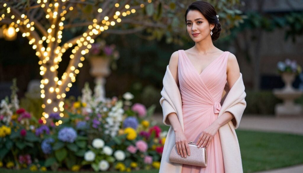 A stylish woman wearing a sophisticated pink dress stands gracefully in the foreground, holding a chic wrap or light coat draped elegantly over her shoulders for a cool evening at a wedding. Her attire is complemented with delicate accessories like a shimmering clutch and elegant earrings, enhancing her refined look. The middle ground features a softly blurred garden setting, with colorful blooming flowers that add a romantic ambiance. In the background, soft, warm lighting from fairy lights strung in trees creates a cozy atmosphere, suggesting a lovely, intimate evening. Capture the scene from an eye-level angle to emphasize the elegance and charm of the outfit, with a focus on the woman's poise. The mood should feel inviting and sophisticated, perfect for a wedding celebration.