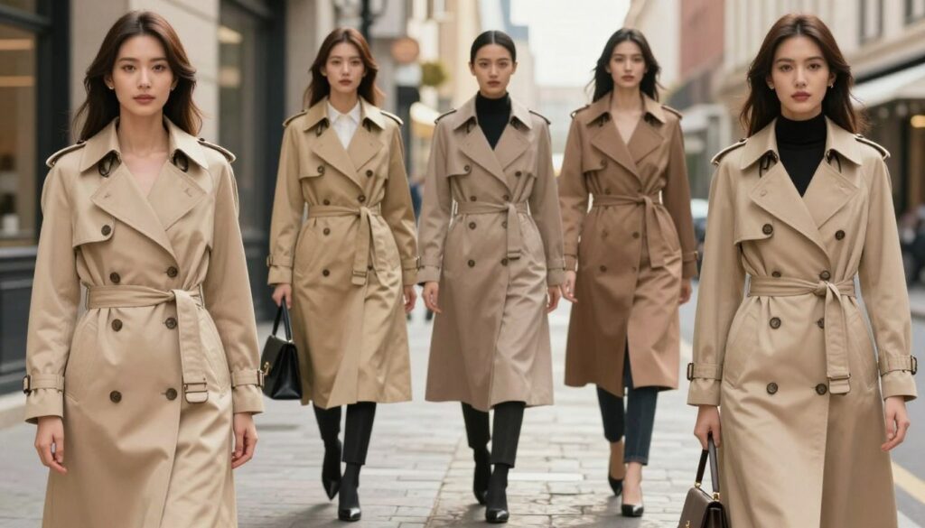 A stylish woman with an elegant silhouette stands in a chic urban setting, showcasing different trench coat styles tailored to various body types. The foreground features her in a classic beige trench with a cinched waist, tailored to flatter her hourglass figure. In the middle ground, other variations of trench coats are displayed, including a double-breasted style for a pear-shaped figure and a long, flowing design for a tall, athletic build. The background showcases a fashionable street with soft morning light, highlighting the textures of the trench coats. The scene exudes sophistication and modernity, inviting the viewer to explore contemporary styling options. The mood is inspiring and confident, encouraging fashion-forward choices without overcrowding the composition. A stylish woman with an elegant silhouette stands in a chic urban setting, showcasing different trench coat styles tailored to various body types. The foreground features her in a classic beige trench with a cinched waist, tailored to flatter her hourglass figure. In the middle ground, other variations of trench coats are displayed, including a double-breasted style for a pear-shaped figure and a long, flowing design for a tall, athletic build. The background showcases a fashionable street with soft morning light, highlighting the textures of the trench coats. The scene exudes sophistication and modernity, inviting the viewer to explore contemporary styling options. The mood is inspiring and confident, encouraging fashion-forward choices without overcrowding the composition.