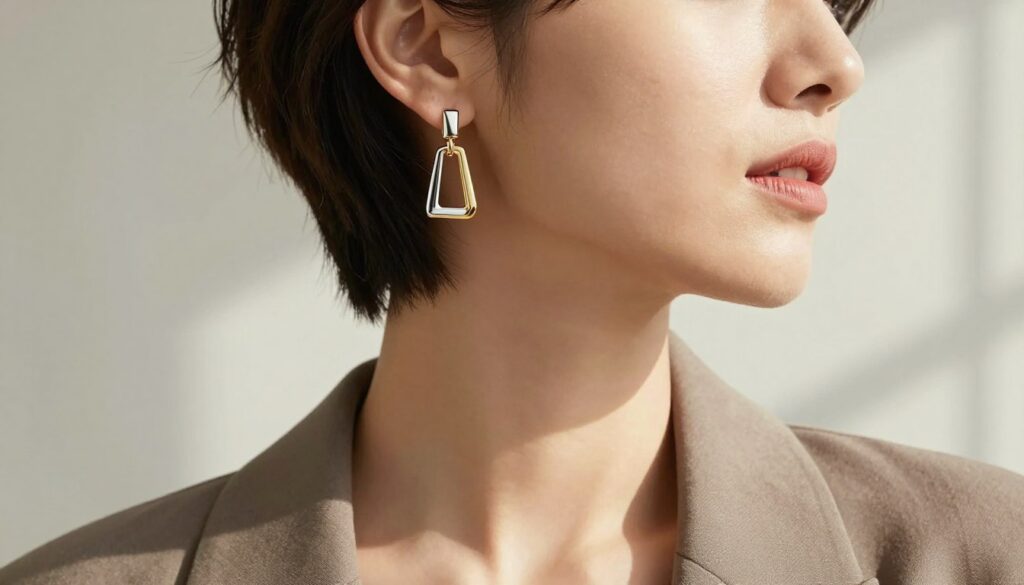A stylish woman with short hair showcasing trendy earrings that highlight her neck and facial features. The earrings are modern and eye-catching, designed with intricate geometric shapes in gold and silver tones. She wears a chic, modest outfit that complements the earrings and draws attention to her face. The background is softly blurred, featuring a light, neutral color palette that enhances the elegance of the scene. The lighting is bright and natural, casting soft shadows and illuminating the earrings beautifully. Capture the image from a slight angle, focusing on her profile to emphasize the earrings, creating a sophisticated and fashionable atmosphere. A stylish woman with short hair showcasing trendy earrings that highlight her neck and facial features. The earrings are modern and eye-catching, designed with intricate geometric shapes in gold and silver tones. She wears a chic, modest outfit that complements the earrings and draws attention to her face. The background is softly blurred, featuring a light, neutral color palette that enhances the elegance of the scene. The lighting is bright and natural, casting soft shadows and illuminating the earrings beautifully. Capture the image from a slight angle, focusing on her profile to emphasize the earrings, creating a sophisticated and fashionable atmosphere.
