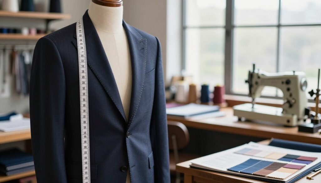 A tailor's workshop prominently features a beautifully crafted bespoke suit, showcasing its intricate details. In the foreground, a perfectly tailored suit hangs on a wooden mannequin, displaying the fine stitching and luxurious fabric textures. Beside it, a measuring tape and a set of high-quality fabric swatches are elegantly arranged, emphasizing the custom tailoring process. In the background, soft daylight filters through a large window, illuminating the workshop filled with spools of thread and vintage sewing tools, creating an inviting atmosphere. The scene conveys professionalism and craftsmanship, highlighting the differences between custom tailoring and off-the-rack suits. Use a shallow depth of field to focus on the suit while softly blurring the workshop surroundings, enhancing the mood of artistry and expertise. A tailor's workshop prominently features a beautifully crafted bespoke suit, showcasing its intricate details. In the foreground, a perfectly tailored suit hangs on a wooden mannequin, displaying the fine stitching and luxurious fabric textures. Beside it, a measuring tape and a set of high-quality fabric swatches are elegantly arranged, emphasizing the custom tailoring process. In the background, soft daylight filters through a large window, illuminating the workshop filled with spools of thread and vintage sewing tools, creating an inviting atmosphere. The scene conveys professionalism and craftsmanship, highlighting the differences between custom tailoring and off-the-rack suits. Use a shallow depth of field to focus on the suit while softly blurring the workshop surroundings, enhancing the mood of artistry and expertise.