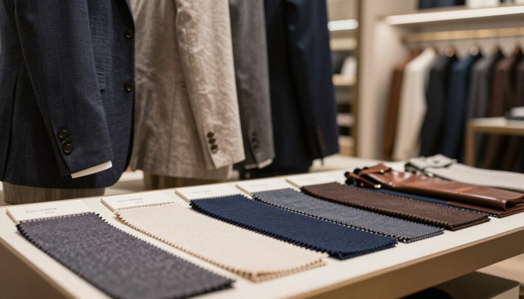 A tasteful and sophisticated display of key materials in men’s fashion, showcasing various fabrics like wool, cotton, linen, and leather. In the foreground, a neatly arranged set of swatches, each labeled with its fabric type, exuding texture and quality. The mid-ground features elegantly tailored garments, such as a blazer and trousers made from these materials, draped on a minimalist clothing rack. The background is softly blurred, suggesting a stylish boutique environment with warm lighting casting gentle shadows, creating a luxurious atmosphere. The composition should be captured with a shallow depth of field using a 50mm lens, highlighting the details of the fabrics. The overall mood is refined and professional, inviting the viewer into the world of quality men’s attire.