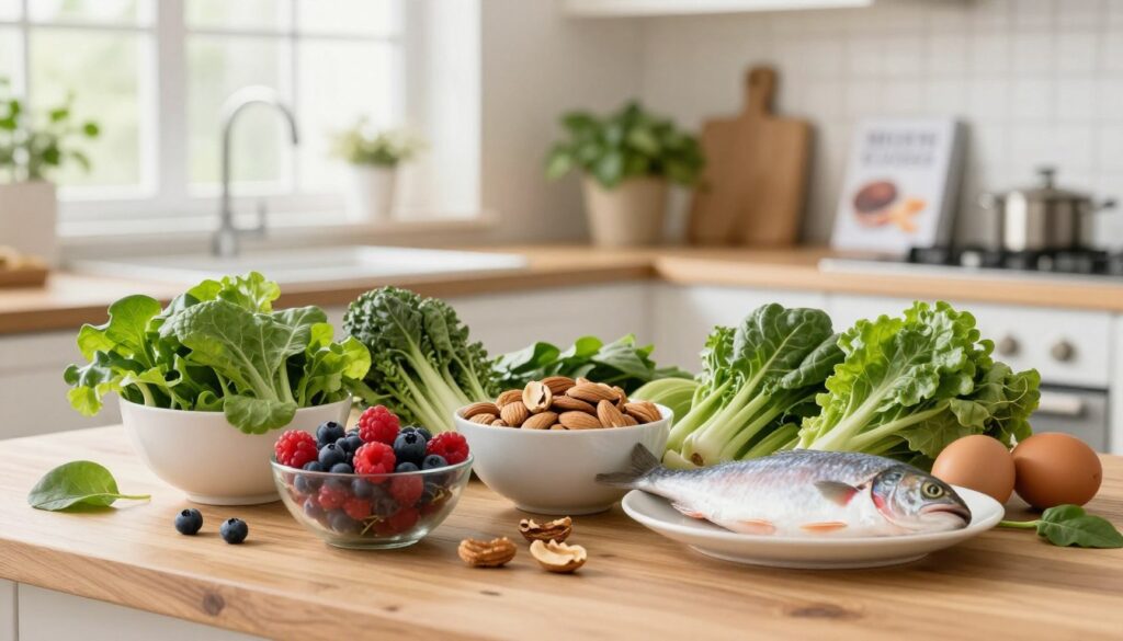 A vibrant and colorful composition showcasing a balanced diet rich in collagen-boosting foods. In the foreground, a neatly arranged selection of fresh ingredients, including leafy greens, berries, nuts, and fish, presented in elegant bowls on a wooden table. In the middle ground, a well-lit kitchen environment that emphasizes a healthy lifestyle, with a modern aesthetic and soft natural light filtering through a window, creating a warm and inviting atmosphere. The background features subtle decorations like herbal plants and a recipe book to enhance the theme of dietary health. The image conveys a sense of freshness and vitality, suggesting a strong connection between diet and skin firmness.