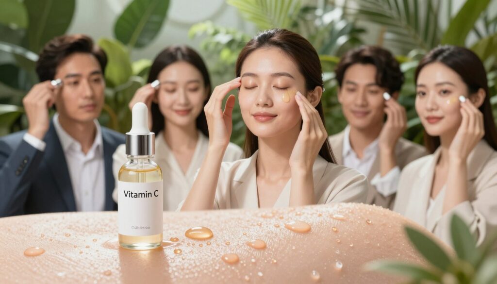 A vibrant, detailed close-up of a smooth, glowing skin surface, illustrating the positive effects of vitamin C on collagen synthesis and skin elasticity. In the foreground, a serum bottle labeled "Vitamin C" is elegantly placed with droplets glistening on the surface. In the middle, a diverse group of individuals (both men and women, dressed in professional business attire) are gently applying the serum around their eyes, showcasing a serene expression of skincare. The background features a soft-focus, lush botanical setting, symbolizing nature's ingredients. Bright, natural lighting enhances the skin's radiance and highlights, creating an uplifting and rejuvenating atmosphere. The overall composition should evoke a sense of wellness, beauty, and effective skin care. A vibrant, detailed close-up of a smooth, glowing skin surface, illustrating the positive effects of vitamin C on collagen synthesis and skin elasticity. In the foreground, a serum bottle labeled "Vitamin C" is elegantly placed with droplets glistening on the surface. In the middle, a diverse group of individuals (both men and women, dressed in professional business attire) are gently applying the serum around their eyes, showcasing a serene expression of skincare. The background features a soft-focus, lush botanical setting, symbolizing nature's ingredients. Bright, natural lighting enhances the skin's radiance and highlights, creating an uplifting and rejuvenating atmosphere. The overall composition should evoke a sense of wellness, beauty, and effective skin care.