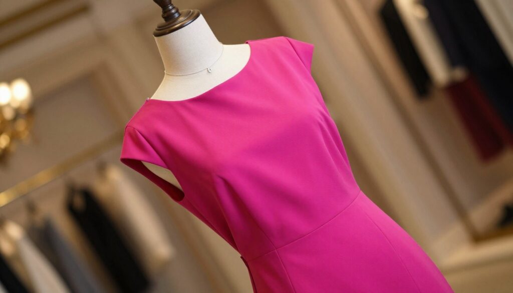 A vibrant fuchsia dress elegantly displayed on a mannequin against a softly blurred backdrop of an opulent indoor setting. The dress, made of flowing fabric, showcases a minimalistic design with clean lines and a modest neckline, capturing the essence of modern sophistication. Subtle jewelry, like delicate silver earrings and a thin bracelet, complement the gown without overwhelming its bold color, emphasizing the theme of minimalism in relation to vivid hues. Warm, diffused lighting creates an inviting atmosphere, highlighting the dress's texture and color. The scene is framed from a slight overhead angle, focusing on the dress while allowing hints of the elegant surroundings to create a refined and graceful mood. A vibrant fuchsia dress elegantly displayed on a mannequin against a softly blurred backdrop of an opulent indoor setting. The dress, made of flowing fabric, showcases a minimalistic design with clean lines and a modest neckline, capturing the essence of modern sophistication. Subtle jewelry, like delicate silver earrings and a thin bracelet, complement the gown without overwhelming its bold color, emphasizing the theme of minimalism in relation to vivid hues. Warm, diffused lighting creates an inviting atmosphere, highlighting the dress's texture and color. The scene is framed from a slight overhead angle, focusing on the dress while allowing hints of the elegant surroundings to create a refined and graceful mood.