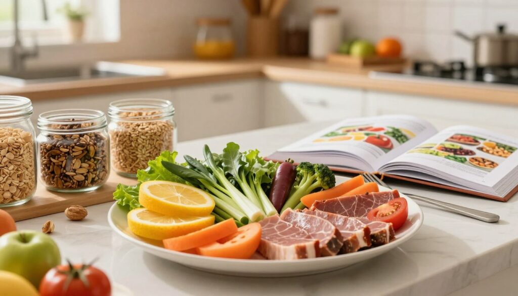A vibrant, inviting kitchen scene emphasizing the importance of a balanced diet for fat reduction. In the foreground, a beautifully arranged plate with a variety of colorful fruits, fresh vegetables, and lean proteins, all artistically displayed to draw attention. In the middle ground, a well-organized countertop filled with healthy food options like whole grains and nuts, along with utensils and a cookbook opened to a healthy recipe. The background features soft, warm lighting illuminating the space, enhancing the warm, cozy atmosphere. A slight depth of field effect creates a focus on the food while softly blurring the kitchen's details. The overall mood is one of health and vitality, inspiring viewers to embrace a nutritious lifestyle. A vibrant, inviting kitchen scene emphasizing the importance of a balanced diet for fat reduction. In the foreground, a beautifully arranged plate with a variety of colorful fruits, fresh vegetables, and lean proteins, all artistically displayed to draw attention. In the middle ground, a well-organized countertop filled with healthy food options like whole grains and nuts, along with utensils and a cookbook opened to a healthy recipe. The background features soft, warm lighting illuminating the space, enhancing the warm, cozy atmosphere. A slight depth of field effect creates a focus on the food while softly blurring the kitchen's details. The overall mood is one of health and vitality, inspiring viewers to embrace a nutritious lifestyle.