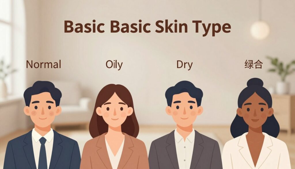 A visually engaging illustration showcasing the characteristics of the four basic skin types: normal, oily, dry, and combination. In the foreground, depict four diverse individuals, each representing a different skin type, dressed in professional attire. Each person should have distinct skin textures and tones, with subtle highlights to reflect their skin type's characteristics. In the middle, integrate informative visual elements, such as labels or icons, indicating traits like hydration, elasticity, and pore size, enhancing educational value. The background should feature a soft, calming environment, perhaps a skincare consultation room with neutral tones and gentle lighting to evoke a sense of serenity and professionalism. Use a slightly blurred focus on the background to keep attention on the subjects in the foreground.