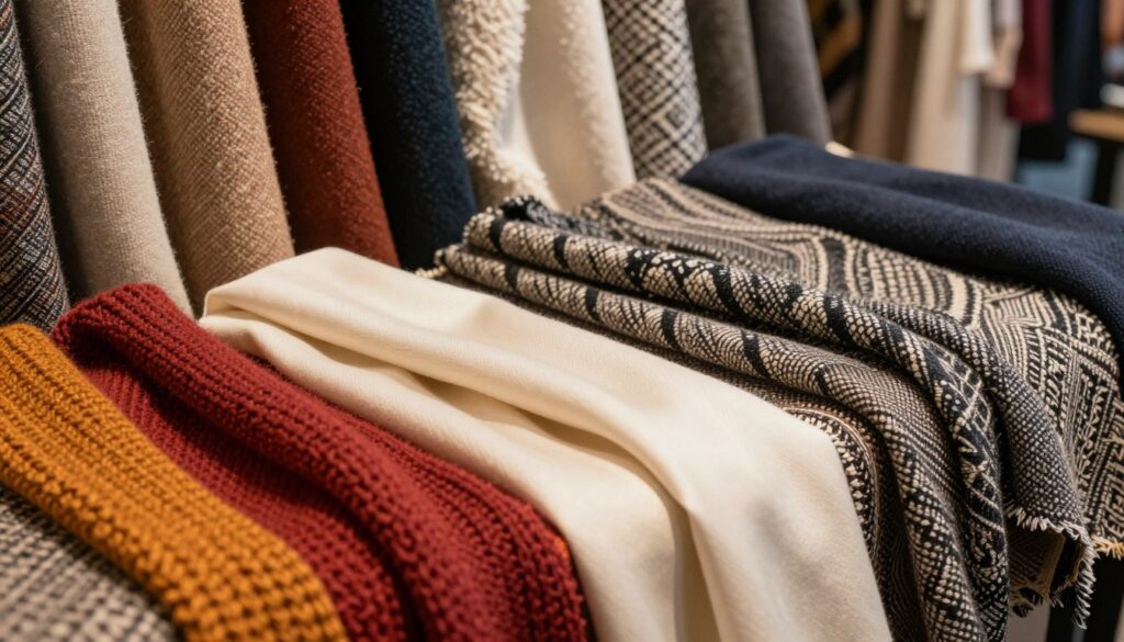 A visually striking and detailed arrangement of various fabric swatches and textures, showcasing materials like wool, cotton, and silk in rich colors and patterns. In the foreground, display a chunky knit scarf in a vibrant hue, contrasting against sleek, smooth textile options. The middle ground should feature soft, textured fabrics with intricate weaves and patterns, creating a tactile experience. The background should hint at a stylish urban setting, subtly blurred to emphasize the foreground materials. The lighting should be warm and inviting, capturing the soft sheen of the fabrics, while a shallow depth of field focuses on the textures to evoke a cozy, fashionable atmosphere. A visually striking and detailed arrangement of various fabric swatches and textures, showcasing materials like wool, cotton, and silk in rich colors and patterns. In the foreground, display a chunky knit scarf in a vibrant hue, contrasting against sleek, smooth textile options. The middle ground should feature soft, textured fabrics with intricate weaves and patterns, creating a tactile experience. The background should hint at a stylish urban setting, subtly blurred to emphasize the foreground materials. The lighting should be warm and inviting, capturing the soft sheen of the fabrics, while a shallow depth of field focuses on the textures to evoke a cozy, fashionable atmosphere.