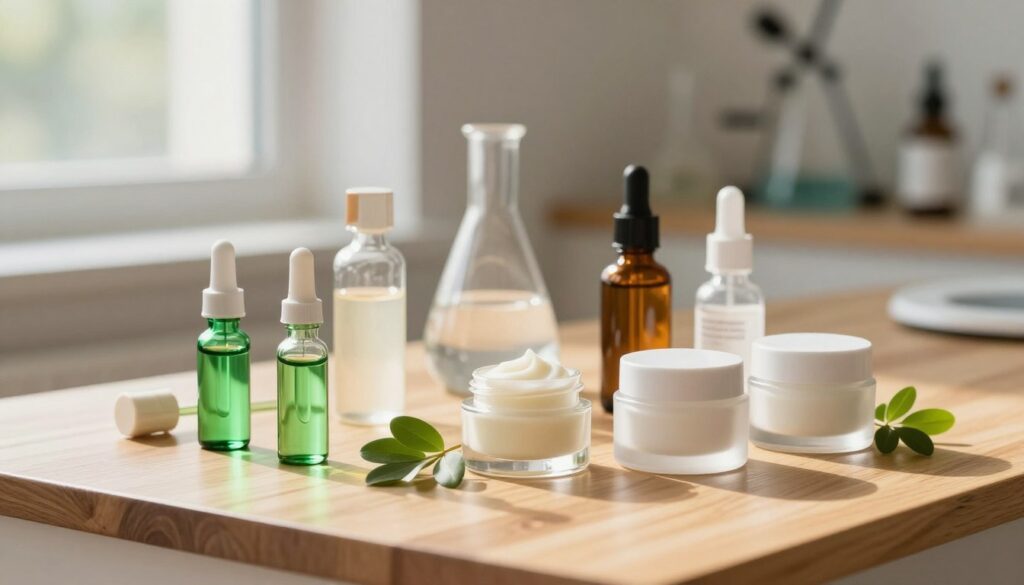A visually striking composition of skincare ingredients impacting cream rolling, with an arrangement of vials and jars on a light-stained wooden table as the foreground. Include vibrant colors that represent various active ingredients, like green extracts, creamy textures, and botanical elements. In the middle ground, showcase a soft-focus background featuring blurred laboratory equipment, hinting at a scientific approach to skincare formulation. Utilize natural sunlight filtering through a window to create warm highlights and soft shadows, enhancing the sense of depth. The atmosphere should feel fresh and clean, signaling professionalism and innovation in skincare. The perspective should be slightly elevated to capture the intricacies of each ingredient while maintaining a harmonious balance throughout the image.