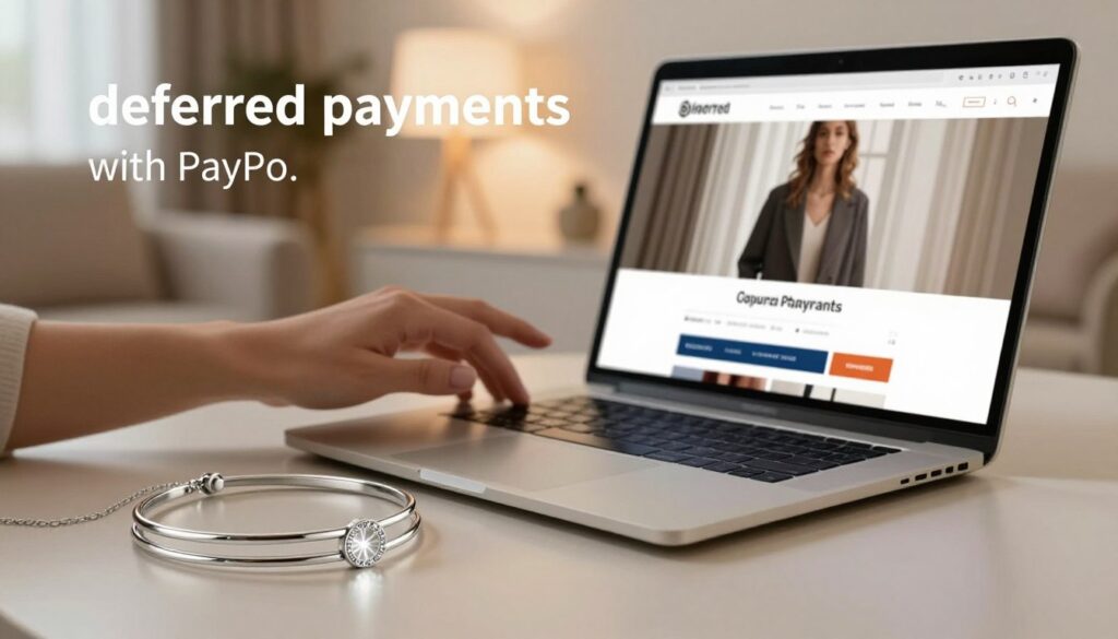 A visually striking image illustrating the concept of "deferred payments with PayPo." In the foreground, a stylish double silver choker necklace is elegantly displayed, reflecting light with gleaming highlights. The middle ground features a hand reaching out towards a laptop, depicting a user navigating a stylish online shopping interface, suggesting easy payment options. The background is softly blurred, showcasing a modern, minimalist living space with warm lighting, creating a cozy and inviting atmosphere. The scene should evoke feelings of accessibility and modernity, emphasizing convenience in fashion purchasing. The angle is slightly above eye level, adding a dynamic perspective to the elements, while the overall mood is chic and sophisticated, perfect for illustrating the section on deferred payments in a fashion context. A visually striking image illustrating the concept of "deferred payments with PayPo." In the foreground, a stylish double silver choker necklace is elegantly displayed, reflecting light with gleaming highlights. The middle ground features a hand reaching out towards a laptop, depicting a user navigating a stylish online shopping interface, suggesting easy payment options. The background is softly blurred, showcasing a modern, minimalist living space with warm lighting, creating a cozy and inviting atmosphere. The scene should evoke feelings of accessibility and modernity, emphasizing convenience in fashion purchasing. The angle is slightly above eye level, adding a dynamic perspective to the elements, while the overall mood is chic and sophisticated, perfect for illustrating the section on deferred payments in a fashion context.