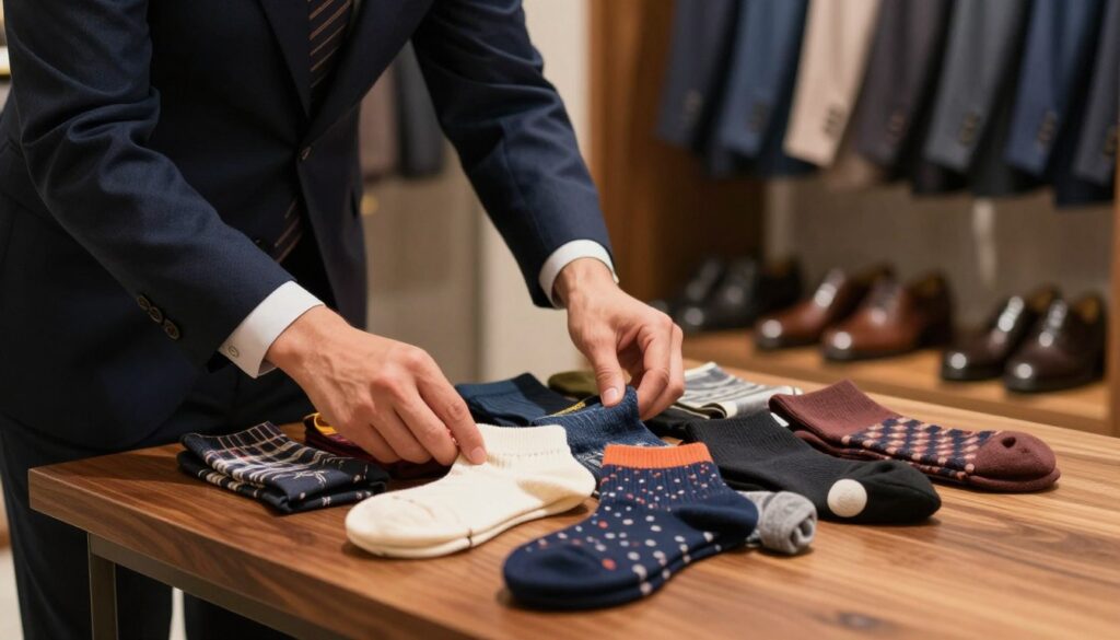 A well-dressed male figure, standing in a stylish urban environment, is meticulously examining a variety of socks laid out on a polished wooden table. The socks display an array of colors and patterns, reflecting sophistication and attention to detail. In the background, soft focus reveals a series of brown shoes and tailored suits hanging on a sleek clothing rack, emphasizing the theme of accessory pairing. The lighting is warm and inviting, with soft shadows adding depth to the scene. The camera focuses on the meticulous arrangement of the socks, highlighting the importance of matching textures and tones. The overall mood is professional yet approachable, capturing the essence of careful accessory selection without clutter or distractions. A well-dressed male figure, standing in a stylish urban environment, is meticulously examining a variety of socks laid out on a polished wooden table. The socks display an array of colors and patterns, reflecting sophistication and attention to detail. In the background, soft focus reveals a series of brown shoes and tailored suits hanging on a sleek clothing rack, emphasizing the theme of accessory pairing. The lighting is warm and inviting, with soft shadows adding depth to the scene. The camera focuses on the meticulous arrangement of the socks, highlighting the importance of matching textures and tones. The overall mood is professional yet approachable, capturing the essence of careful accessory selection without clutter or distractions.