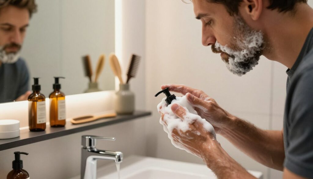 A well-groomed man in smart casual attire, gently washing his beard in a stylish bathroom with a modern sink. The foreground features a close-up of his hands using a high-quality beard wash, with rich lather creating an inviting texture. In the background, there are elegant toiletries: oils, combs, and brushes, all arranged artfully on a shelf, with natural light streaming through a window, casting a warm glow. The mirror reflects the man's focused expression as he practices his daily beard hygiene routine. The overall mood is serene and personal, emphasizing the importance of cleanliness and care in maintaining a soft, well-groomed beard.