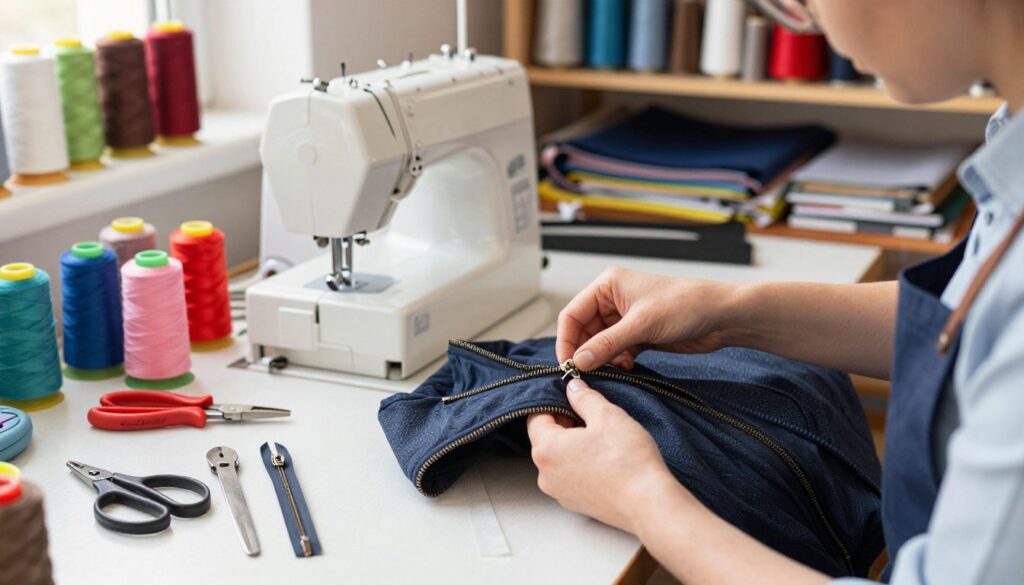 A well-lit workshop scene focusing on a person in professional attire carefully replacing a zipper on a jacket. In the foreground, the person is holding the jacket open, revealing the area where the zipper will be inserted, showcasing various tools like pliers and fabric scissors neatly arranged beside them. The middle ground features a sewing machine, spools of thread in vibrant colors, and a close-up of the new zipper being prepared for installation. In the background, shelves are filled with fabric, thread, and other tailoring supplies, ensuring a clutter-free yet organized appearance. The atmosphere is one of focused craftsmanship, with warm light illuminating the workspace, emphasizing the intricate details of the repair process. A well-lit workshop scene focusing on a person in professional attire carefully replacing a zipper on a jacket. In the foreground, the person is holding the jacket open, revealing the area where the zipper will be inserted, showcasing various tools like pliers and fabric scissors neatly arranged beside them. The middle ground features a sewing machine, spools of thread in vibrant colors, and a close-up of the new zipper being prepared for installation. In the background, shelves are filled with fabric, thread, and other tailoring supplies, ensuring a clutter-free yet organized appearance. The atmosphere is one of focused craftsmanship, with warm light illuminating the workspace, emphasizing the intricate details of the repair process.