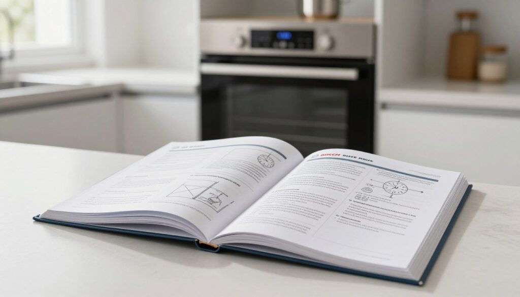 A well-organized and detailed instruction manual for a Bosch oven, positioned prominently in the foreground on a clean kitchen countertop. The pages of the manual are open, revealing clear diagrams and step-by-step methods for setting the clock after a power outage or time change. In the middle ground, a modern Bosch oven is visible, with its digital display lit up, set against a backdrop of a bright, airy kitchen with soft natural light streaming through a window. The atmosphere is calm and professional, inviting the viewer to engage with the instructions. The image should capture a sense of clarity and focus, emphasizing the importance of understanding the user manual. No text or branding should be included in the image. A well-organized and detailed instruction manual for a Bosch oven, positioned prominently in the foreground on a clean kitchen countertop. The pages of the manual are open, revealing clear diagrams and step-by-step methods for setting the clock after a power outage or time change. In the middle ground, a modern Bosch oven is visible, with its digital display lit up, set against a backdrop of a bright, airy kitchen with soft natural light streaming through a window. The atmosphere is calm and professional, inviting the viewer to engage with the instructions. The image should capture a sense of clarity and focus, emphasizing the importance of understanding the user manual. No text or branding should be included in the image.