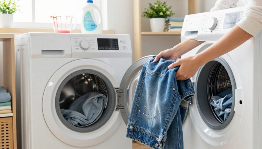 A well-organized laundry scene focused on the process of washing jeans properly. In the foreground, a vibrant blue pair of jeans is being carefully placed into a modern front-loading washing machine, showing details like rivets and fading. The middle layer features a neat laundry setup with a bottle of gentle detergent and a measuring cup nearby. The background includes bright, natural lighting filtering through a window, illuminating a clean and tidy laundry room with shelves of neatly folded clothes and potted plants, creating a cozy atmosphere. The image should have a warm, inviting feel, focusing on the importance of proper washing techniques, capturing a moment of care and attention to garment maintenance. A well-organized laundry scene focused on the process of washing jeans properly. In the foreground, a vibrant blue pair of jeans is being carefully placed into a modern front-loading washing machine, showing details like rivets and fading. The middle layer features a neat laundry setup with a bottle of gentle detergent and a measuring cup nearby. The background includes bright, natural lighting filtering through a window, illuminating a clean and tidy laundry room with shelves of neatly folded clothes and potted plants, creating a cozy atmosphere. The image should have a warm, inviting feel, focusing on the importance of proper washing techniques, capturing a moment of care and attention to garment maintenance.