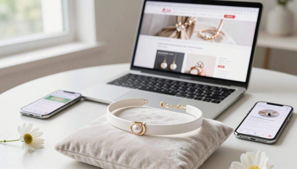 A well-organized scene capturing the concept of quick delivery and convenience in online shopping. In the foreground, a modern, stylish white choker necklace is elegantly displayed on a soft velvet cushion, adorned with delicate flowers to enhance its beauty. The middle ground features a sleek laptop with an open shopping website showcasing jewelry options, alongside a smartphone displaying a delivery tracking app. In the background, a bright, airy room is filled with natural light streaming through a window, creating a fresh, inviting atmosphere. The overall mood is one of sophistication and ease, emphasizing the seamless experience of purchasing trendy accessories online. Capture the image from a slight overhead angle to encompass all elements harmoniously while ensuring a focus on the choker and the themed accessories. A well-organized scene capturing the concept of quick delivery and convenience in online shopping. In the foreground, a modern, stylish white choker necklace is elegantly displayed on a soft velvet cushion, adorned with delicate flowers to enhance its beauty. The middle ground features a sleek laptop with an open shopping website showcasing jewelry options, alongside a smartphone displaying a delivery tracking app. In the background, a bright, airy room is filled with natural light streaming through a window, creating a fresh, inviting atmosphere. The overall mood is one of sophistication and ease, emphasizing the seamless experience of purchasing trendy accessories online. Capture the image from a slight overhead angle to encompass all elements harmoniously while ensuring a focus on the choker and the themed accessories.