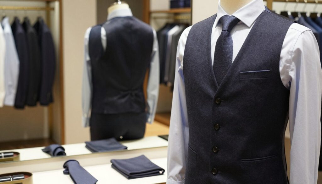 A well-tailored men's vest on a mannequin in a stylish boutique setting. The vest should feature a modern cut, showcasing rich fabric textures such as wool or cotton in a deep navy blue or charcoal gray. In the foreground, include neatly arranged accessories like a matching tie and pocket square, emphasizing elegance. In the middle ground, a mirror reflects the layered look of the vest with a fitted shirt beneath, demonstrating the perfect fit. The background includes soft, ambient lighting and subtle reflections of clothing racks, adding a refined shopping atmosphere. Shoot from a slightly elevated angle to capture the full essence of the ensemble, creating a polished, sophisticated mood. Focus on clarity and detail, showcasing how to achieve a perfect fit for smart-casual or business occasions. A well-tailored men's vest on a mannequin in a stylish boutique setting. The vest should feature a modern cut, showcasing rich fabric textures such as wool or cotton in a deep navy blue or charcoal gray. In the foreground, include neatly arranged accessories like a matching tie and pocket square, emphasizing elegance. In the middle ground, a mirror reflects the layered look of the vest with a fitted shirt beneath, demonstrating the perfect fit. The background includes soft, ambient lighting and subtle reflections of clothing racks, adding a refined shopping atmosphere. Shoot from a slightly elevated angle to capture the full essence of the ensemble, creating a polished, sophisticated mood. Focus on clarity and detail, showcasing how to achieve a perfect fit for smart-casual or business occasions.
