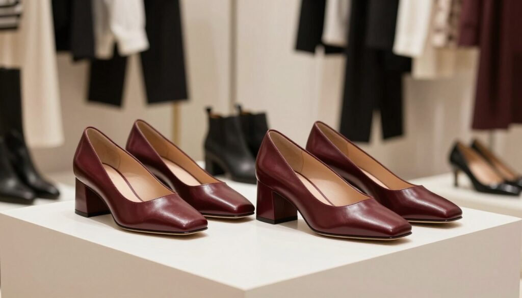 An elegant display of square-toed women's shoes, prominently featured in the foreground on a minimalist white pedestal. The shoes showcase a sleek and modern design, crafted from luxurious leather in a rich burgundy hue, reflecting the light with a soft sheen. Various angles highlight their architectural details, including the bold, straight lines of the square toe that signify contemporary fashion. In the middle ground, a blurred backdrop of a stylish, well-organized wardrobe reveals various clothing items, accentuating the versatility of the footwear. Soft, diffused lighting creates a warm atmosphere, capturing the chic essence of modern fashion while emphasizing the shoes as a striking detail. The image is captured from a slightly elevated angle, inviting viewers to appreciate both the shoes and their potential pairing with a fashionable wardrobe. An elegant display of square-toed women's shoes, prominently featured in the foreground on a minimalist white pedestal. The shoes showcase a sleek and modern design, crafted from luxurious leather in a rich burgundy hue, reflecting the light with a soft sheen. Various angles highlight their architectural details, including the bold, straight lines of the square toe that signify contemporary fashion. In the middle ground, a blurred backdrop of a stylish, well-organized wardrobe reveals various clothing items, accentuating the versatility of the footwear. Soft, diffused lighting creates a warm atmosphere, capturing the chic essence of modern fashion while emphasizing the shoes as a striking detail. The image is captured from a slightly elevated angle, inviting viewers to appreciate both the shoes and their potential pairing with a fashionable wardrobe.