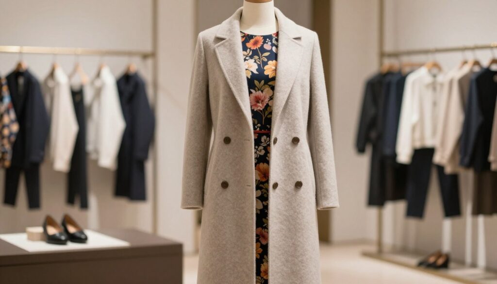 An elegant mid-length dress paired with a sophisticated coat, displayed on a mannequin in a chic boutique setting. The coat features a tailored silhouette, made from luxurious wool and in a neutral tone, creating a timeless look. The dress, highlighted beneath the coat, boasts a vibrant floral pattern. Soft, diffused lighting casts gentle shadows, enhancing the textures of the fabrics. In the background, a stylish arrangement of clothing racks and soft-focus accessories suggests an upscale shopping atmosphere. The scene embodies a blend of refinement and casual elegance, illustrating the importance of materials and styles in creating stunning outfits for both formal and everyday occasions.