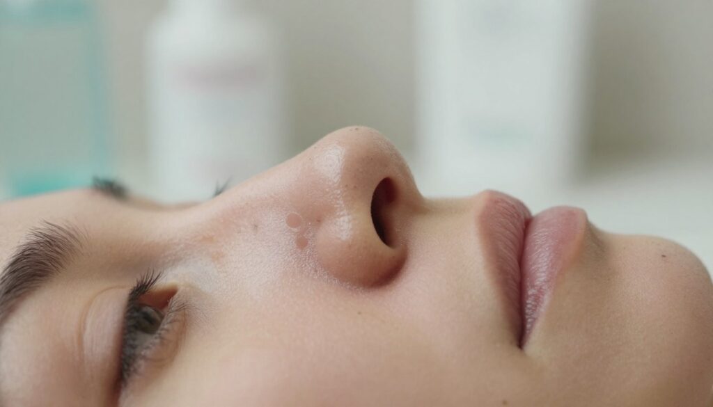 Close-up of a human nose featuring visible blackheads, focusing on the texture of the skin. The foreground shows the nose in sharp detail, highlighting the pores and the blackheads with soft shadows to accentuate the skin's surface. In the middle background, there should be hints of skincare tools like gentle cleansers and exfoliators, arranged neatly to suggest a skincare routine. The background should be softly blurred, evoking a clean and serene bathroom atmosphere with neutral tones. Use soft, natural lighting to create a calm and clinical feel. The overall mood should convey a sense of caution and professionalism, illustrating the theme of treating skin without causing harm.