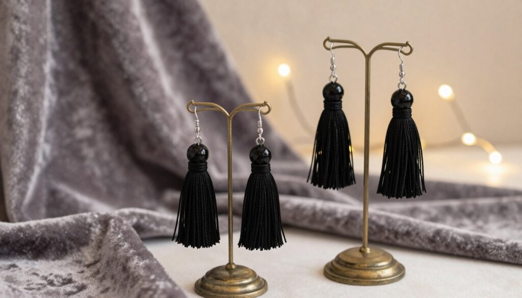 Create an image showcasing elegant black tassel earrings ("chwosty frędzle") displayed in an organized, aesthetic manner. In the foreground, show the earrings prominently hanging from a delicate, vintage-style jewelry stand, highlighting their intricate design and texture. In the middle ground, include soft, out-of-focus elements like a plush velvet fabric draped elegantly, suggesting a luxurious evening wear setting. In the background, implement blurred fairy lights to evoke a warm, glamorous atmosphere. Utilize soft, diffused lighting to accentuate the shine of the jewelry and create gentle shadows. The overall mood should be sophisticated yet inviting, perfect for an evening attire showcase, without any text or distractions. Create an image showcasing elegant black tassel earrings ("chwosty frędzle") displayed in an organized, aesthetic manner. In the foreground, show the earrings prominently hanging from a delicate, vintage-style jewelry stand, highlighting their intricate design and texture. In the middle ground, include soft, out-of-focus elements like a plush velvet fabric draped elegantly, suggesting a luxurious evening wear setting. In the background, implement blurred fairy lights to evoke a warm, glamorous atmosphere. Utilize soft, diffused lighting to accentuate the shine of the jewelry and create gentle shadows. The overall mood should be sophisticated yet inviting, perfect for an evening attire showcase, without any text or distractions.