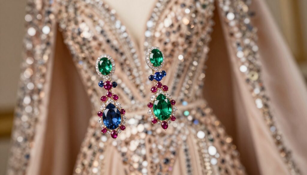 Elegant gemstone earrings with vibrant colors, featuring intricate designs, displayed prominently in the foreground. The earrings should showcase various precious stones like emeralds, sapphires, and rubies, sparkling under soft, diffused lighting. In the middle ground, a subtly shimmering sequined dress is softly blurred to draw focus on the earrings, hinting at their compatibility for evening wear. The background should consist of a softly blurred luxurious fabric, like velvet or silk, enhancing the overall opulence of the scene. The mood is sophisticated and glamorous, with a warm color palette that emphasizes the richness of the gemstones. The angle should be slightly tilted to give a dynamic view, capturing the elegance and beauty of these statement earrings. Elegant gemstone earrings with vibrant colors, featuring intricate designs, displayed prominently in the foreground. The earrings should showcase various precious stones like emeralds, sapphires, and rubies, sparkling under soft, diffused lighting. In the middle ground, a subtly shimmering sequined dress is softly blurred to draw focus on the earrings, hinting at their compatibility for evening wear. The background should consist of a softly blurred luxurious fabric, like velvet or silk, enhancing the overall opulence of the scene. The mood is sophisticated and glamorous, with a warm color palette that emphasizes the richness of the gemstones. The angle should be slightly tilted to give a dynamic view, capturing the elegance and beauty of these statement earrings.